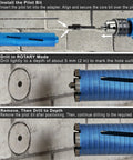 Diamond Core Drill Bit Kit 2-1/2 Inch, 10 Inch Drilling Depth, 5/8-11 Thread steps for concrete drilling.