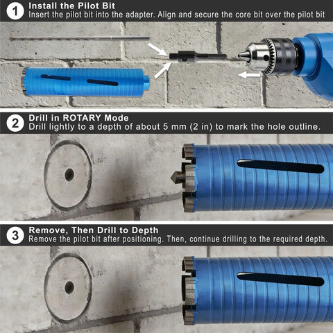 Diamond Core Drill Bit Kit 2-1/2 Inch, 10 Inch Drilling Depth, 5/8-11 Thread steps for concrete drilling.