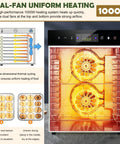 Top Shelf Electric Food Dehydrator Featuring Slick Twelve Tray Layout And Rock Solid Dual Fan Setup Built As A Total Game Changer To Dry Fruit Herbs And Jerky with 1000W heating system and visible fan.