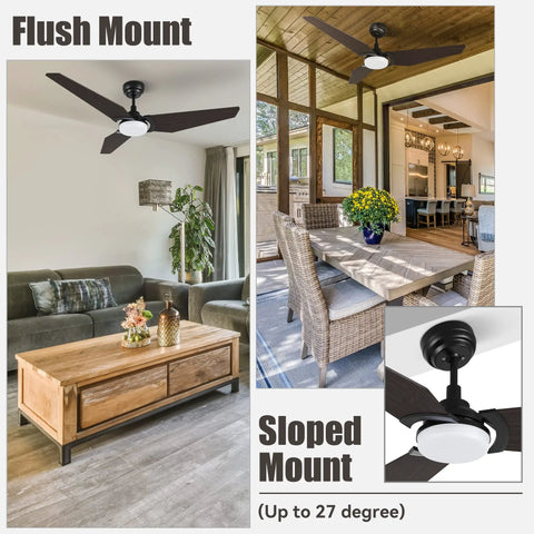 52 Inch Smart Ceiling Fan With Light In Dark Walnut in living room and patio, 3 blade low profile, adjustable mount options