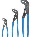 Three GripLock Tongue And Groove Pliers Set 6.5 Inch, 9.5 Inch, 12.5 Inch Water Pump Pliers with blue handles, aligned vertically