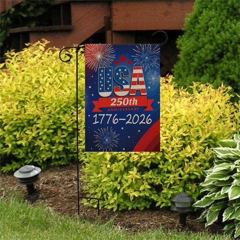 250th Anniversary USA Garden Flag Outdoor Double Sided Fireworks Design 1776 2026 in garden setting, 12x18 Inch
