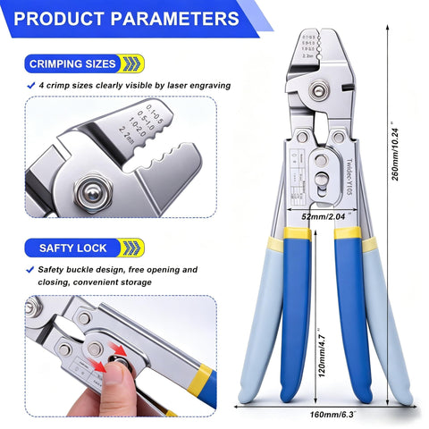 Beefy Heavy Duty Wire Rope Crimping Tool Up To 2.2mm Swaging Kit with crimping sizes and safety lock details.