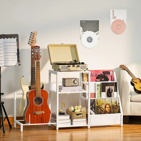 Retro Vinyl Record Player Stand With Adjustable Guitar Holder For Acoustic Or Electric Bass, Huge 150 Album Storage Space, Side Table With Magazine Rack And White Turntable Platform, Cool Vintage Shelf with guitars and records.