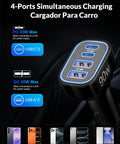 90W 4 Port USB C Car Charger With 3Ft Cable Ultra Fast PD 3.0 Charging Hub showing ports in car