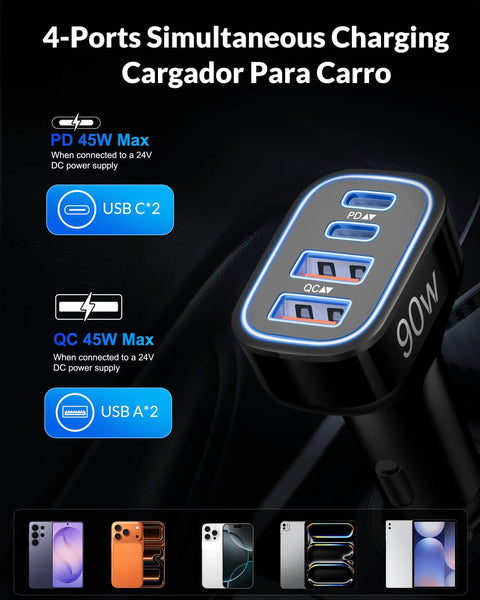 90W 4 Port USB C Car Charger With 3Ft Cable Ultra Fast PD 3.0 Charging Hub showing ports in car