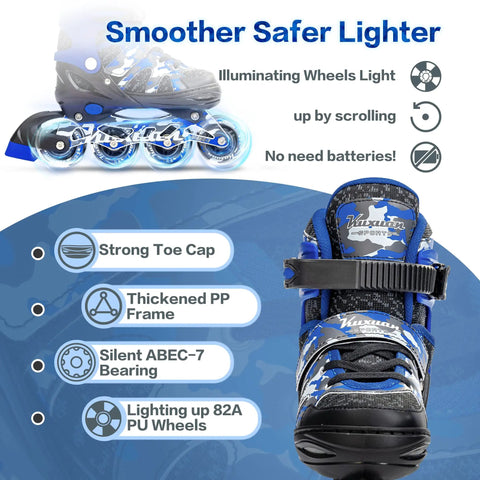 One Push Adjustable Inline Skates For Kids And Youth With Full Light Up Wheels Camo Blue, front and side view, features highlighted.