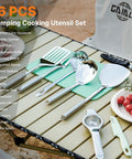 Camping Cooking Utensils Set 16 Piece Camp Kitchen Kit With Organizer Bag Portable RV Camping Essentials on table