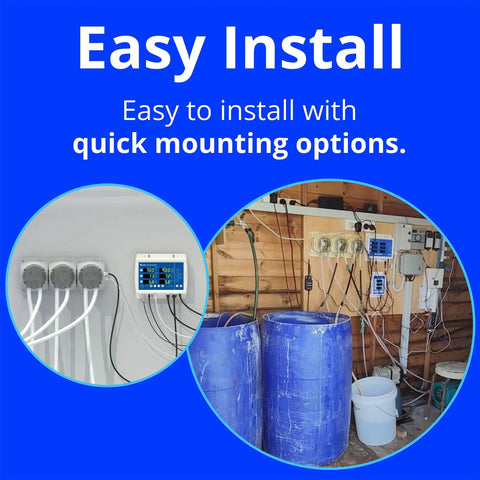 WiFi Enabled Hydroponics Pro Controller For Around The Clock Automated PH, EC And Temperature Dosing installed on blue wall