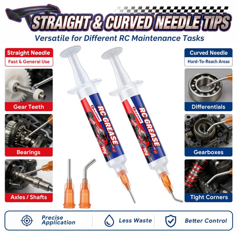 Two Pack RC Grease With Precision Syringe Applicator For Gears Bearings Axles Differentials In Off Road RC Cars Trucks And Buggies 10g Each High Performance Water Resistant Formula displaying syringe and needle tips for precise application.