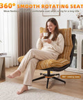 Woman relaxing on Big Comfy Rocking Swivel Chair With 360 Degree Spin And Adjustable Backrest in yellow stripe, living room setting