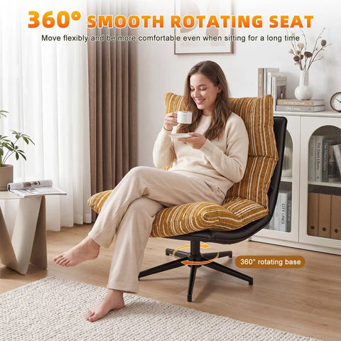 Woman relaxing on Big Comfy Rocking Swivel Chair With 360 Degree Spin And Adjustable Backrest in yellow stripe, living room setting