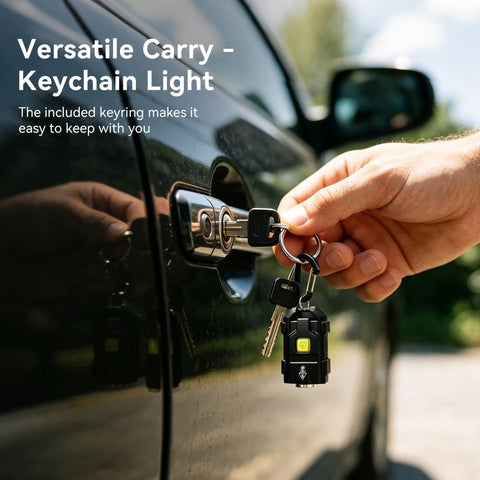 Hand using Ultra Bright 500 Lumen USB Rechargeable Small Flashlight Keychain Light in car door