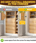 The Real Deal Modular Closet System 96 Inch Wall Mounted Organizer showing correct and incorrect drawer installation placements.