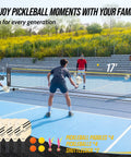 Four people playing pickleball on court with 17ft adjustable height net from All-In-One Backyard 3-In-1 Net Set For Volleyball Badminton And Pickleball With 17Ft Adjustable Height Net Portable Carry Bag Rackets Paddles Balls Shuttlecocks Pump And Accessories For Easy Outdoor Setup And Family Fun.
