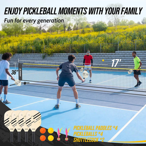 Four people playing pickleball on court with 17ft adjustable height net from All-In-One Backyard 3-In-1 Net Set For Volleyball Badminton And Pickleball With 17Ft Adjustable Height Net Portable Carry Bag Rackets Paddles Balls Shuttlecocks Pump And Accessories For Easy Outdoor Setup And Family Fun.