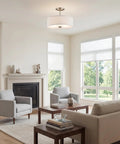 Living room with 14 Inch 3 Light Semi Flush Mount Ceiling Light Fixture In Brushed Nickel With Satin Etched White Diffuser