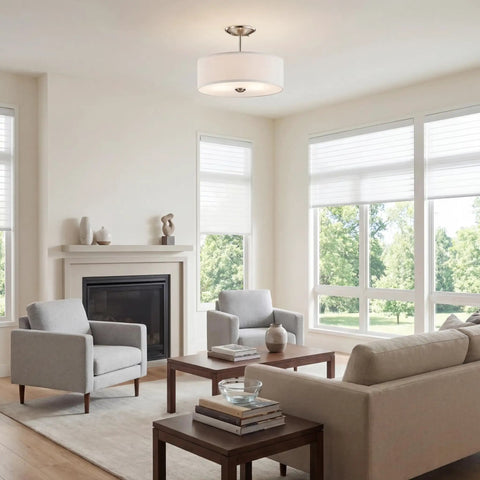 Living room with 14 Inch 3 Light Semi Flush Mount Ceiling Light Fixture In Brushed Nickel With Satin Etched White Diffuser
