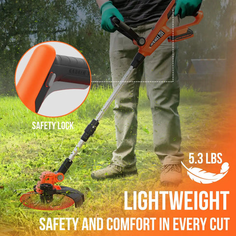 Two In One Cordless Weed Wacker And Lawn Edger With Auto Feed, lightweight design with safety lock, used for yard work