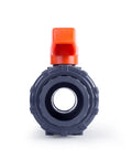 Front view of 1 Inch PVC True Union Ball Valve With Full Port And Glue On Socket, 200 PSI At 73F, EPDM O Rings And PTFE Seats