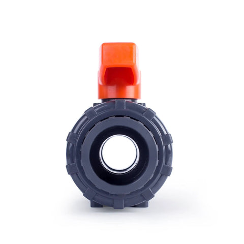 Front view of 1 Inch PVC True Union Ball Valve With Full Port And Glue On Socket, 200 PSI At 73F, EPDM O Rings And PTFE Seats