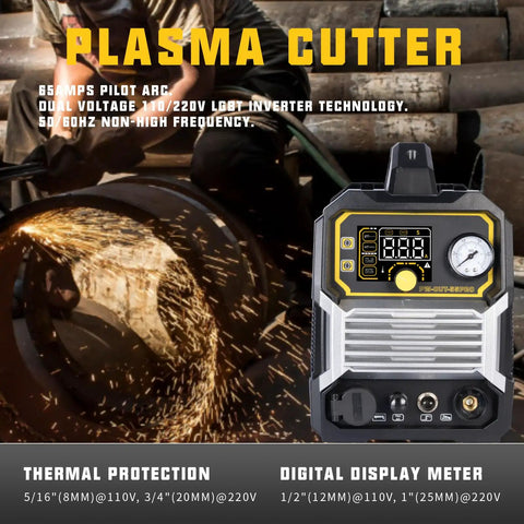 Image of a Dual Voltage Plasma Cutter 55 Amp High Frequency No Touch Pilot Arc With Digital Display And IGBT Inverter 110 And 220 Volt Blowback Cutting Machine Clean Five Eighths Inch Cut Adjustable Pilot Arc And Post Blow 2T And 4T Modes, showing digital display and controls.