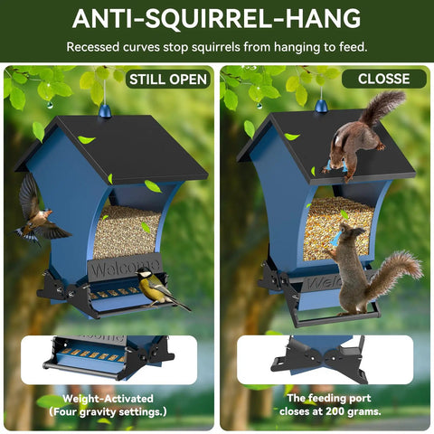 Image showing anti-squirrel feature of a Squirrel Proof Bird Feeder For Outdoors, 5 Pound Metal Hanging Feeder With Two Ports for Cardinals and Chickadees.