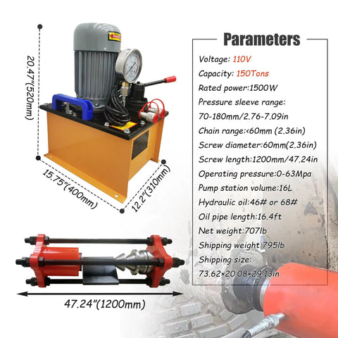 Intersumai 150 Ton Hydraulic Track Pin Press Machine For Heavy Equipment with specifications and dimensions.