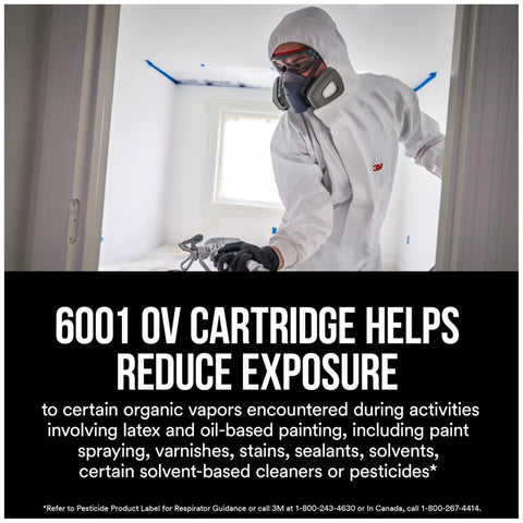 Person wearing 6000 series facepiece using Organic Vapor Performance Cartridges Pack Of 3 For 6000 6500 7500 Series