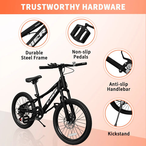 Kids Mountain Bike 20 And 24 Inch For Ages 6 To 12, 7 Speed Drivetrain, Suspension Fork, Dual Disc Brakes highlighted details