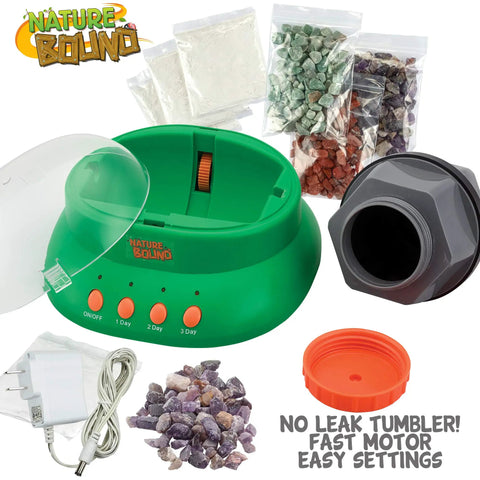 Starter Rock Tumbler Kit For Kids With Fast Polish Includes Rough Gemstones Polishing Grit Jewelry Findings And Kid Friendly Easy Instructions A STEM Science Kit For Young Geologists Ages 8 Plus showing tumbler, gemstones, and accessories