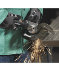 User operating the No Nonsense 4 1/2 Inch Air Angle Grinder Cranking 12000 RPM with sparks flying during grinding tasks.