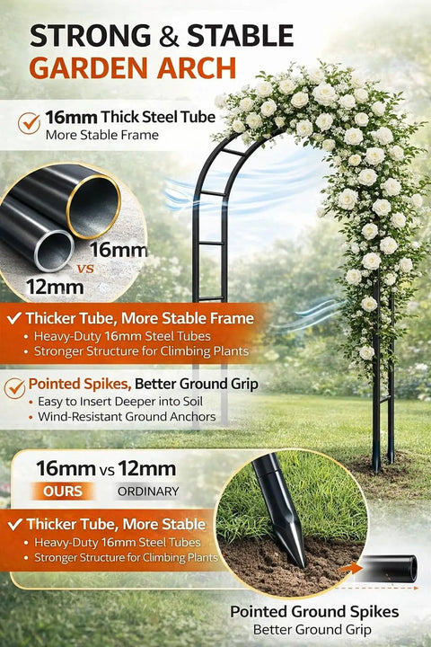 Sturdy 7.3 Foot Garden Arch Built From Heavy Duty Metal With 16mm Tubes And Thick Wall Outdoor Trellis With Roses