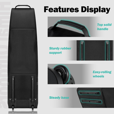 Soft Sided Golf Travel Bag With Wheels Built Tough With 600D Polyester Oxford Wear Resistant Zipper Universal Size 13 By 15 By 50 Inches Easy Roll Club Carrier For Air Travel And Road Trips features display showing handle, rubber support, wheels, base.