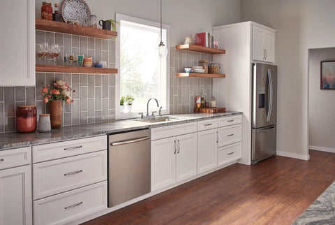 Kitchen with Two Handle Kitchen Sink Faucet With Side Sprayer Chrome Finish For 8 Inch 4 Hole Install 360 Degree Swivel No Fuss Install Durable Metal Build And Lifetime Warranty Upgrade For Your Kitchen surrounded by white cabinets and wooden shelves