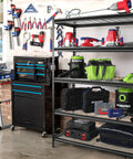 Beefy 5-Tier Adjustable Metal Shelving Unit 48 By 24 By 72 Inches, 4000 Lbs Capacity, Heavy Duty Storage Rack For Garage Or Workshop, Rust Resistant Frame, Easy Assembly And Adjustable Shelf Heights, loaded with tools