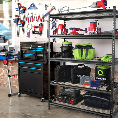 Beefy 5-Tier Adjustable Metal Shelving Unit 48 By 24 By 72 Inches, 4000 Lbs Capacity, Heavy Duty Storage Rack For Garage Or Workshop, Rust Resistant Frame, Easy Assembly And Adjustable Shelf Heights, loaded with tools
