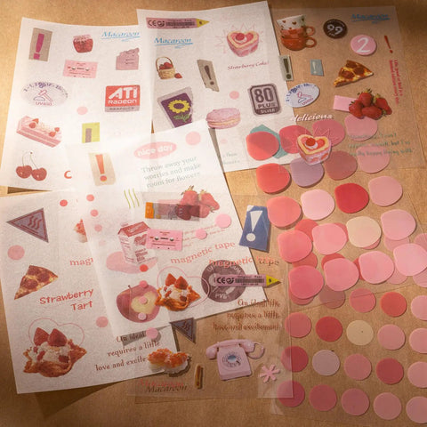Starter Scrapbook Kit With Aesthetic Ephemera And Junk Journal Supplies showcasing pink and dessert-themed stickers.