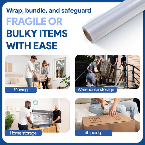 Collage of uses for 17 Inch Clear Plastic Stretch Film Wrap 2 Pack 1200 Feet Total 500 Percent Stretch, including moving and storage.