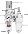 One Quarter Inch NPT Air Filter Regulator Lubricator Combo With Semi Auto Drain Poly Bowl Zero To One Hundred Fifty Psi Gauge Water And Oil Trap Separator Five Micron Brass Filter Element Eighteen SCFM At Ninety Psi Piggyback Three In One Dual Units