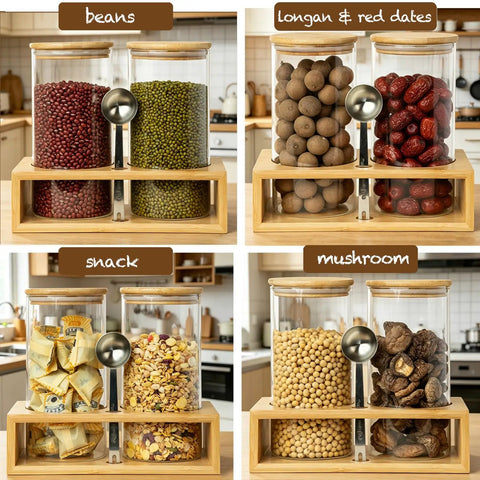 Four sets of Two 49oz Airtight Glass Coffee Canisters With Bamboo Shelf, Stainless Spoon And Anti Slip Pads for various storage