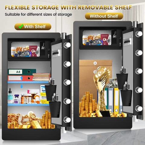 Flexible storage options of Huge Fireproof Biometric Safe For Home Office with removable shelf, showing secure compartments.