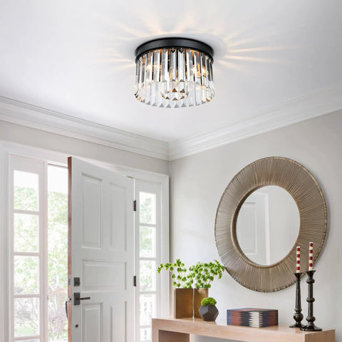 12 Inch Crystal Ceiling Light Black Flush Mount Fixture With Dual Tier K9 Crystal Strips Close To Ceiling Design in entryway