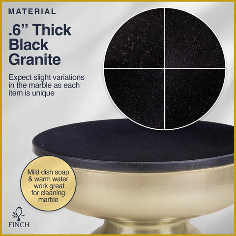 Close-up of Hourglass Accent Side Table With Natural Granite Top And Brushed Brass Base showing 0.6-inch black granite detail.