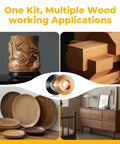 Pro Grade 15-Piece Wood Carving Disc Kit with carved wood, geometric blocks, and wooden bowls in different finishes