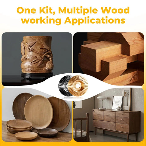 Pro Grade 15-Piece Wood Carving Disc Kit with carved wood, geometric blocks, and wooden bowls in different finishes