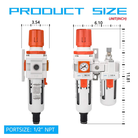 Half Inch NPT Embedded Gauge Air Filter Regulator Lubricator All In One Setup With Auto Drain Water Oil Trap 0-180 Psi Gauge