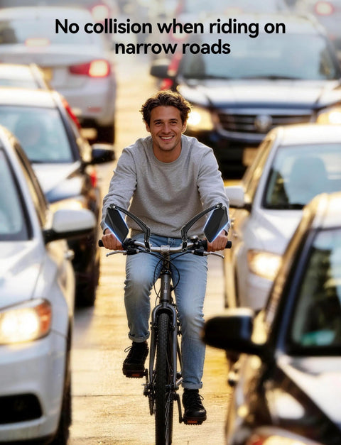 Cyclist using 360 Degree Adjustable Bike Mirror With Long Arm Handlebar Mount For Safe HD Rear View On Scooters, Motorcycles, And E Bikes