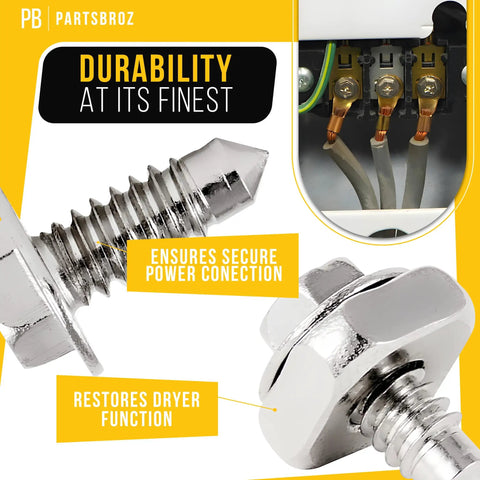 Close-up of Dryer Terminal Block Screws Kit 3 Pack Nine Piece Replacement For Whirlpool Kenmore Maytag Dryers Replaces PS334188 AP3020386