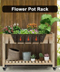Flower pot rack with colorful plants on wooden stand with storage below, featuring stem caster set of four with one and a half inch stem.